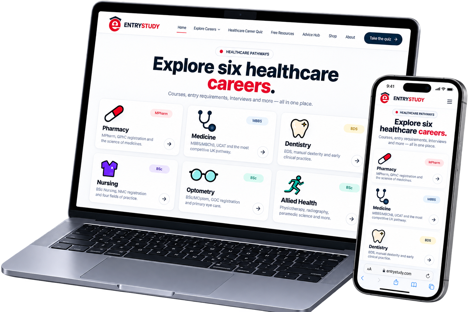 Entry Study healthcare admissions platform shown on a laptop and phone, with the six healthcare pathway cards for pharmacy, medicine, dentistry, nursing, optometry and allied health